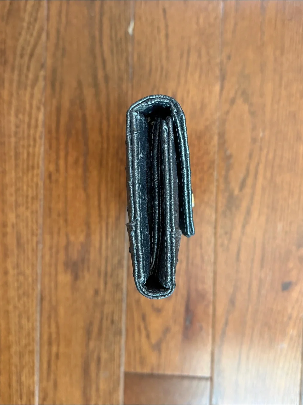 Dark Gray / Black Ostrich-Textured Envelope Wallet or Clutch w/ Gold Turn-Lock.